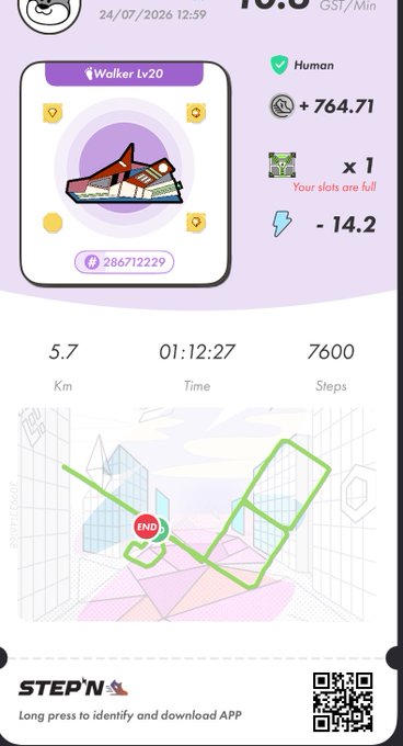 STEPN app screenshot showing a 'Walker Lv20' sneaker NFT, with stats of 5.7 km, 01:12:27 time, and 7600 steps, along with earnings of +764.71 GST