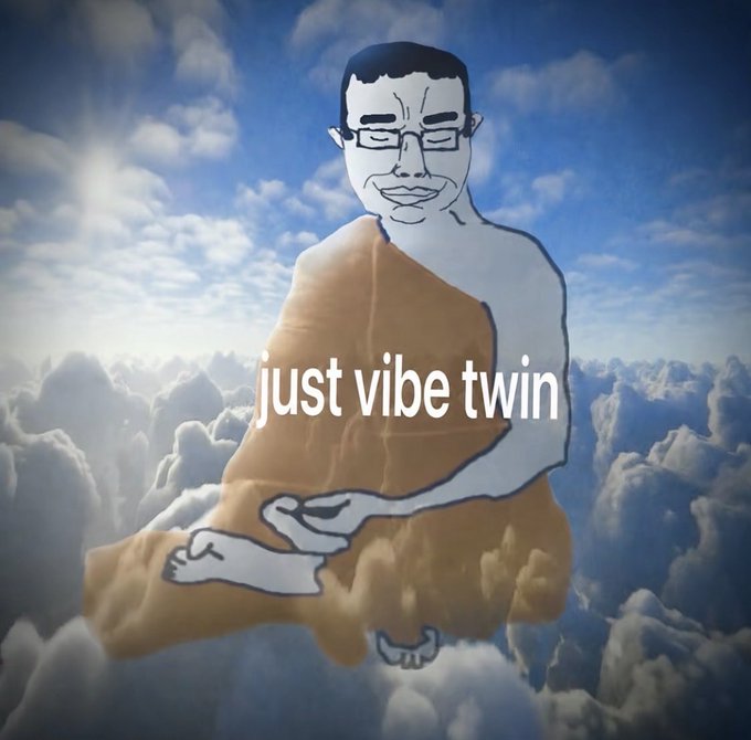 A cartoon "wojak" figure sits cross-legged above the clouds with the caption "just vibe twin." The serene, enlightened pose pairs with the post "65k next?" to convey calm confidence and unbothered optimism about Bitcoin reaching $65,000.
