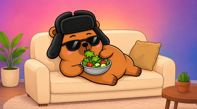 A relaxed cartoon bear wearing sunglasses and an ushanka lounges on a couch while munching from a bowl of salad, set against a pink-purple gradient background with potted plants. The chill, indulgent vibe matches the post's pitch for $CyBL—a meme token promising liquidity access without selling your holdings—positioning the project as a laid-back, lifestyle-friendly crypto play.