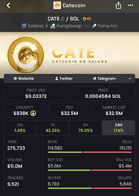 The image shows a DexScreener page for CATE/SOL on Solana via PumpSwap, displaying a price of $0.03372 (0.0004584 SOL), market cap of $32.5M, and a massive 24H gain of 174% alongside $11.0M in trading volume. The chart highlights why the poster regrets their "fumble"—CATE has surged dramatically while they missed the entry, making the recovery even more painful.
