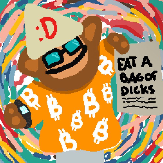 A cartoon furry character with brown fur wearing sunglasses, a green beanie with a red 'D' logo, and an orange Bitcoin-patterned shirt, holding a sign that reads "EAT A BAG OF DICKS" against a colorful swirled background.