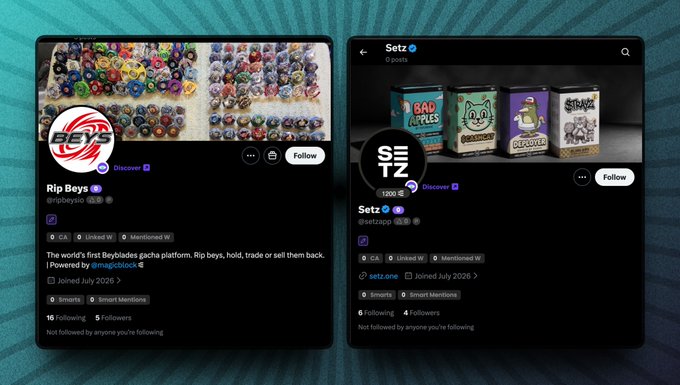 Two side-by-side profile cards display Rip Beys (@ripbeyso) showcasing a "world's first BeyBlades gacha platform" and Setz (@setzapp) by @nazimahmed, a marketplace for limited-edition digital collectibles, both featured as top finds of the day.