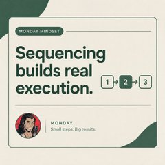 A graphic design with the header "MONDAY MINDSET" featuring the quote "Sequencing builds real execution." and three numbered boxes (1, 2, 3), along with the subtitle "MONDAY Small steps. Big results."
