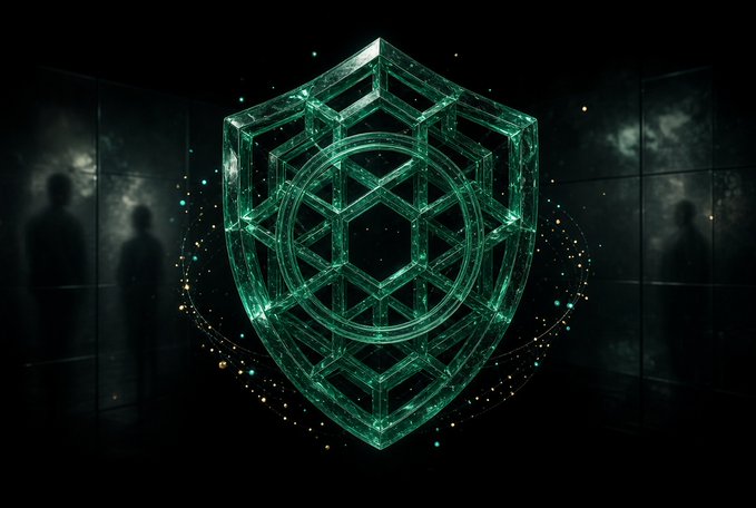 A glowing green geometric shield emblem floats in a dark, futuristic room with shadowy silhouettes of people in the background.