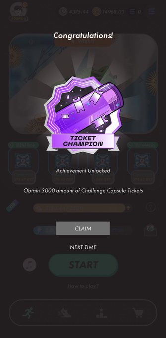 A mobile game achievement screen congratulating the player for unlocking the 'TICKET CHAMPION' achievement by obtaining 3,000 challenge capsule tickets.