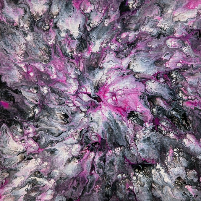 An abstract acrylic pour painting featuring swirling patterns of magenta, black, white, and gray, with a signature reading 'MHafer 25' in the bottom right corner.
