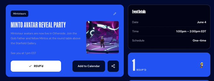 The image shows a website called Mintos, which appears to be promoting a party or an event with a guest profile. The main focus of the image is the invitation page for the event, which offers various details such as the date, time, location, RSVP details, and more. There are also several guest profiles included in the post, where attendees can learn about otherside.apechain's specific information or schedule for this particular event.
