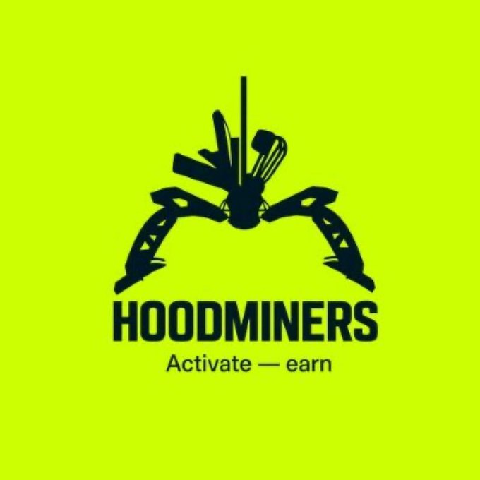 A bright yellow logo for "HOODMINERS" featuring a black silhouette of a miner figure with a pickaxe, accompanied by the tagline "Activate — earn." The image visually reinforces the post's message by symbolizing the NFT collection as active, mining-style digital assets with built-in wallets that generate value over time.