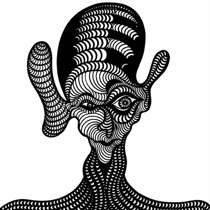 A black and white optical illusion illustration of a stylized female figure whose face, hat, and body are composed of intricate swirling patterns and shapes.