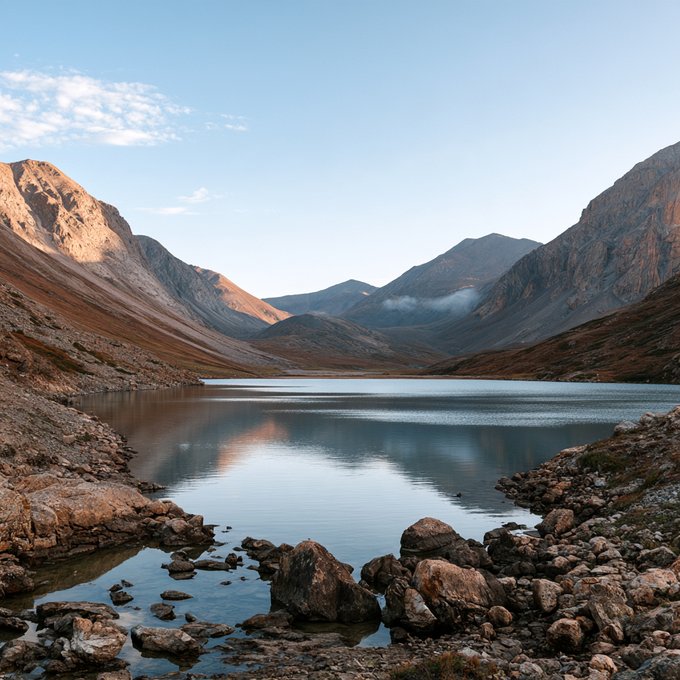 A serene mountain landscape featuring a calm lake reflecting the surrounding rocky peaks and blue sky, with rocks scattered along the shoreline.