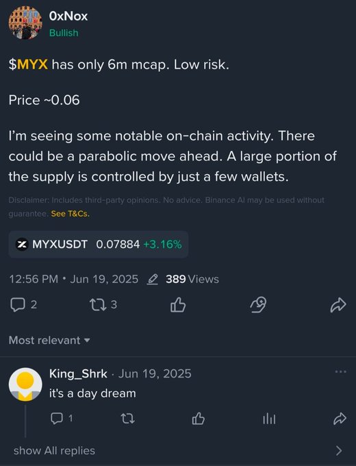 A Binance Square post by user "0xNox" (bullish sentiment) claims $MYX has only a $6M market cap, suggesting low risk and potential for a parabolic move due to notable on-chain activity and concentrated supply, with MYXUSDT at 0.07884 (+3.16%). A commenter "King_Shrk" dismissively replied "it's a day dream," which the captioner's note defends by encouraging continued optimism and referencing the post link alongside $MYX and $HEI tickers.