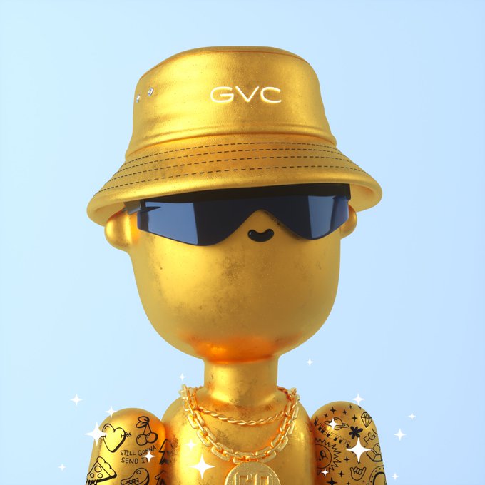 A 3D-rendered gold figure wearing a bucket hat with "GVC" text, blue sunglasses, and gold chains, with small tattoo designs visible on its shoulders against a light blue background.