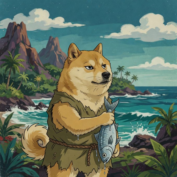 A rugged Shiba Inu dressed in a tattered vest stands on a tropical beach, proudly holding a freshly caught fish, embodying resilience and resourcefulness in a lush paradise setting. This image symbolizes the post's message about Dogecoin's enduring strength and comeback potential, suggesting that even after challenges, $DOGE will thrive and reach a $1 milestone.