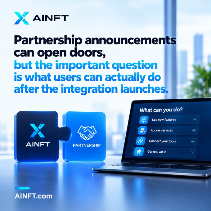 A promotional graphic for "AINFT" discussing partnership announcements, showing two puzzle-piece icons labeled "AINFT" and "PARTNERSHIP" next to a laptop displaying features like "Use new features" and "Access services".