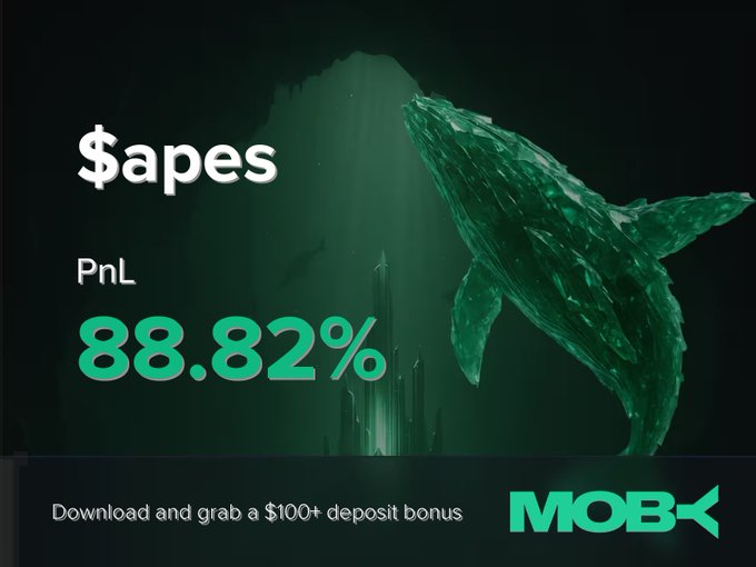 A promotional MOBX image features a glowing green whale silhouette and underwater cityscape, displaying "$apes PnL 88.82%" alongside a $100+ deposit bonus offer, illustrating the trader's profitable position highlighted in the win alert.