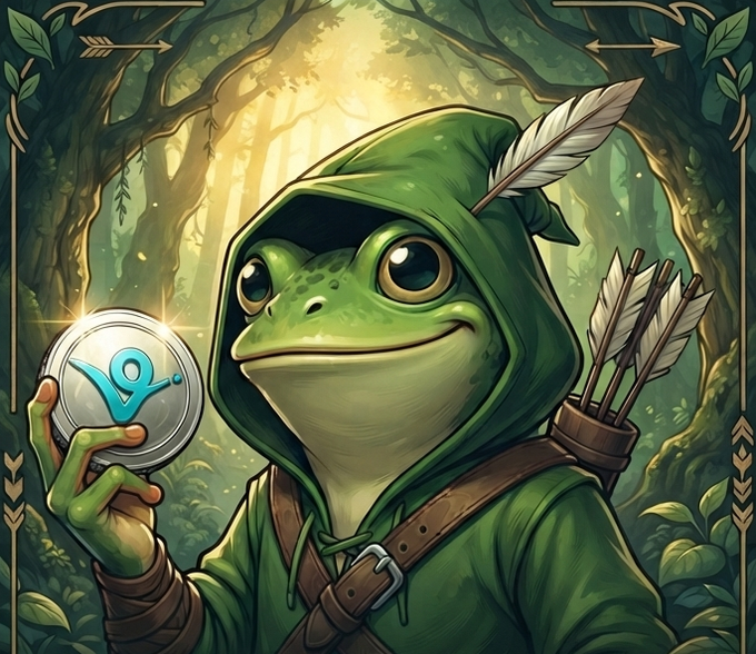 A cartoon frog in a green hooded cloak holds a silver coin bearing the Virtuals logo while standing in a mystical forest, with a quiver of arrows on its back. The image symbolizes Virtuals.io's integration with Robinhood's new blockchain, with the frog mascot representing the platform now powered by agentic infrastructure from day one.