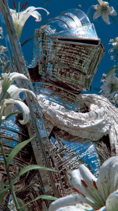 A detailed depiction of a medieval knight in armor made of reflective, script-covered metal, standing amidst white lilies against a clear blue sky.
