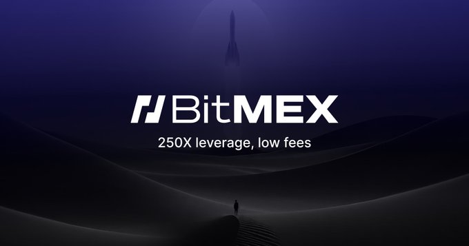 A dark purple promotional graphic for BitMEX featuring the logo "BitMEX" and the tagline "250X leverage, low fees" against a minimalist desert landscape silhouette.