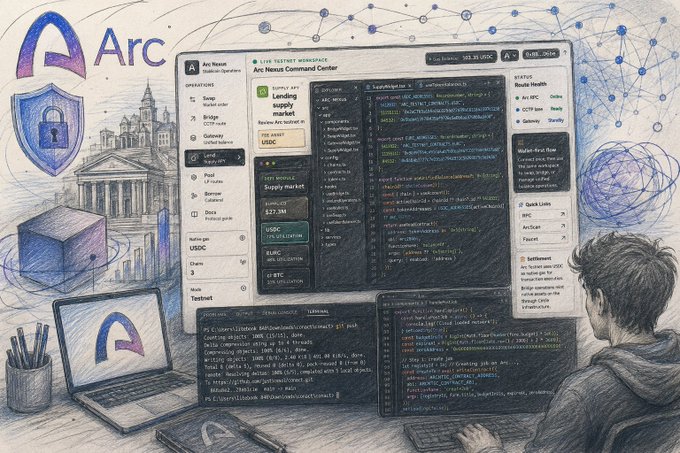 A sketch-style illustration of a person working on a computer with code, alongside a tablet displaying the "Arc" network interface, a bank building icon, and a shield logo.