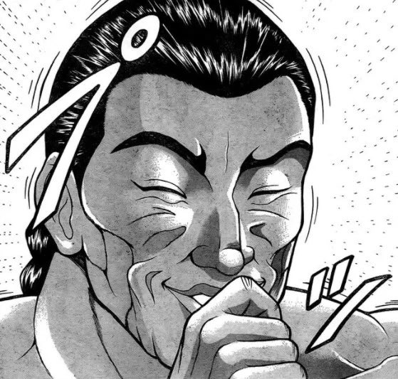 A black-and-white manga-style illustration of a man with slicked-back hair squinting and smiling thoughtfully with his hand near his mouth.