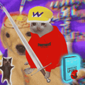 A meme-style image featuring a Shiba Inu dog wearing a red 'MAGA' shirt, a white cap with a 'W' logo, surrounded by pixelated video game items including swords and armor.