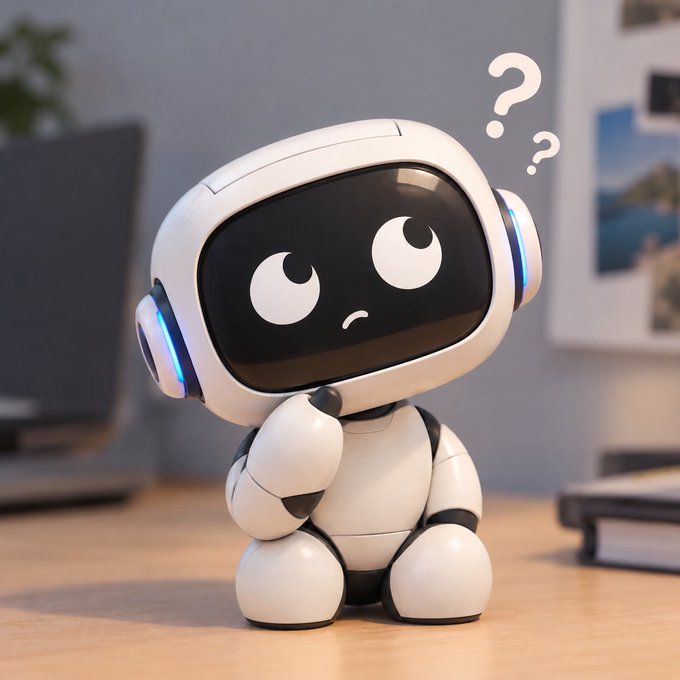 A small white robot figurine sits on a desk with a confused expression on its digital face, accompanied by question marks floating above its head.