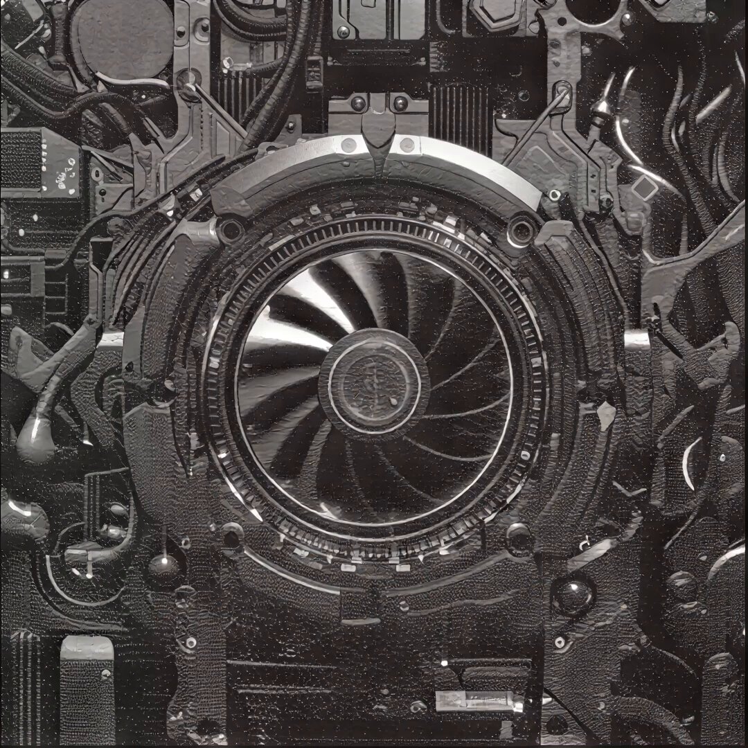 The image features a black and white photo of an intricate machine with a large fan at its center. The machine appears to be a complex piece of technology, possibly related to computing or engineering. The caption above the image reads "Compute is going to be the currency of the future." This statement suggests that the development of AI and computing technologies will have a significant impact on the global economy in the near future.