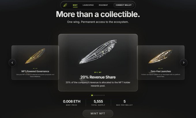 A website page titled 'More than a collectible.' featuring NFT-Powered Governance, 20% Revenue Share, and Zero-Fee Launches, with minting details showing 0.008 ETH, 5,555 total supply, and 5 max per wallet.