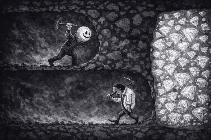 A black and white illustration depicting a figure with a smiley-face head swinging a pickaxe in a mine, while a businessman carrying a sack of money walks past a wall of diamonds.