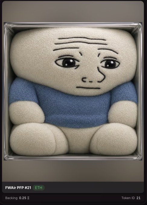 A 3D-rendered plush-style figure of a sad-looking character with large eyes wearing a blue shirt, displayed in a display case labeled 'FWAir PFP #21 ETH' with 'Backing 0.25 Ξ' and 'Token ID 21'.