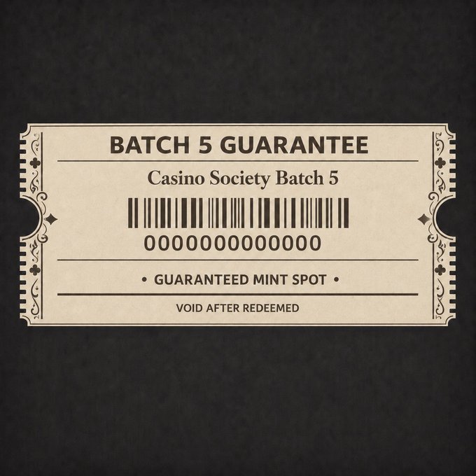 A vintage-style ticket that reads 'BATCH 5 GUARANTEE' and 'Casino Society Batch 5' with a barcode and the text 'GUARANTEED MINT SPOT' and 'VOID AFTER REDEEMED' on a black background.