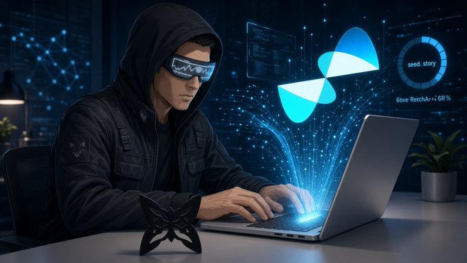 A digital illustration of a hooded figure with glowing blue visors typing on a laptop, with a blue butterfly hologram and a '6.6%' circular graphic floating above the screen.