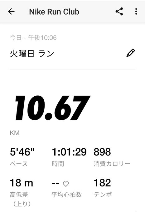 Nike Run Club app screenshot in Japanese showing a Tuesday Run of 10.67 km with pace 5'46", time 1:01:29, 898 calories burned, 18m elevation gain, and 182 tempo.