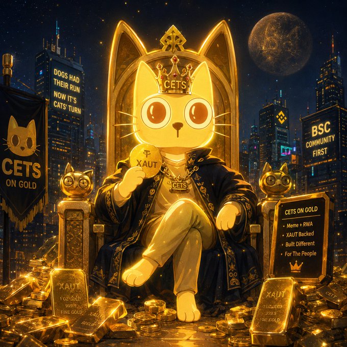 A golden cat character wearing a crown and robe, sitting on a throne surrounded by gold bars and coins, with banners reading 'CETS ON GOLD' and 'BSC COMMUNITY FIRST'.