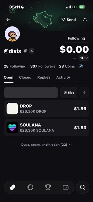 A mobile app screenshot shows a crypto portfolio interface for user "@divix" displaying a $0.00 total balance, with holdings of "DROP" ($1.86) and "SOULANA" ($1.83), each at 626.30K tokens.