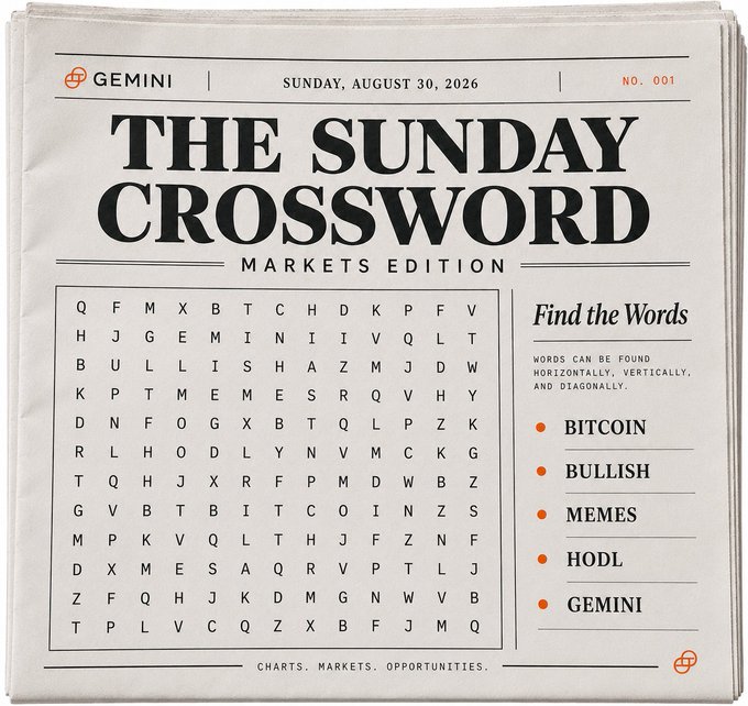The Sunday Crossword Markets Edition dated Sunday, August 30, 2026, featuring a word search puzzle with words to find: BITCOIN, BULLISH, MEMES, HODL, and GEMINI.