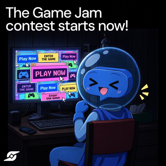 A promotional illustration announcing 'The Game Jam contest starts now!' featuring a cheerful blue character in an astronaut helmet sitting at a computer filled with 'Play Now' buttons.
