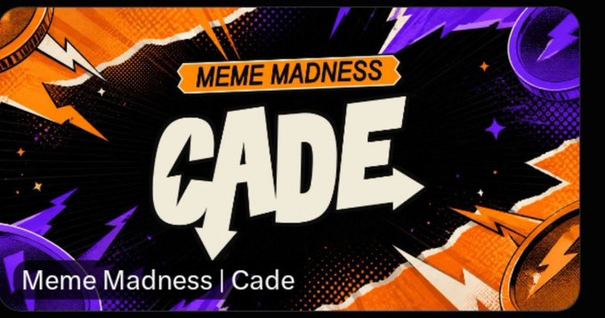 The image is a vibrant promotional banner for "Meme Madness | Cade," featuring bold comic-book-style graphics in orange and purple, with the word "CADE" displayed prominently in stylized lettering alongside a "MEME MADNESS" tag. The flashy, chaotic design visually echoes the post's message about supporting new, unconventional financial primitives—positioning CADE as a fresh, meme-driven innovation in the crypto space.