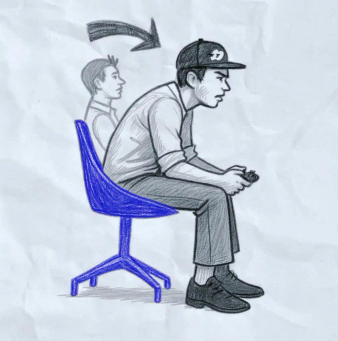 A pencil sketch on crumpled paper shows a man in a cap playing a video game while sitting on a blue chair, with a faded ghostly figure behind him and a large arrow pointing forward above his head.