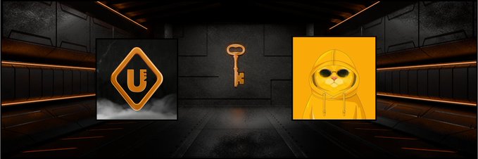 A dark sci-fi tunnel scene with the Unreal Engine logo on the left, a golden key in the center, and a yellow hooded cat character on the right.