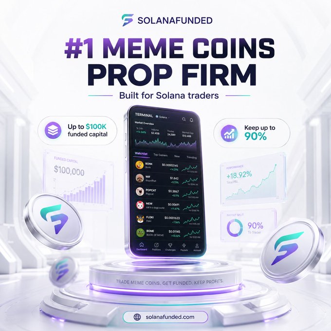SolanaFunded advertisement claiming to be the '#1 MEME COINS PROP FIRM' built for Solana traders, offering up to $100K funded capital and keeping up to 90% of profits.