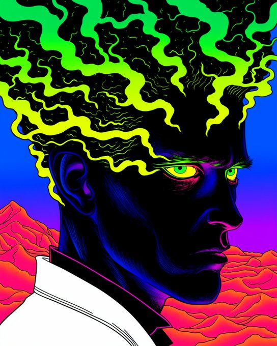 A vibrant, psychedelic digital illustration of a figure in profile with glowing green, flame-like hair and striking yellow-green eyes against a blue and red mountainous background.