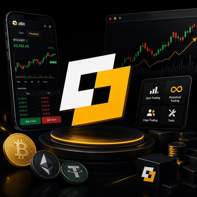 The image showcases a promotional graphic for the cryptocurrency exchange zBit, featuring a mobile app interface displaying a BTC/USDT trading chart at $63,782.45, alongside prominent Bitcoin, Ethereum, and Tether coins, with menu options for Spot Trading, Perpetual Trading, Copy Trading, and Tools. This visual reinforces the article's message that crypto exchanges now compete on diverse platform capabilities and advanced trading features rather than simply user count.