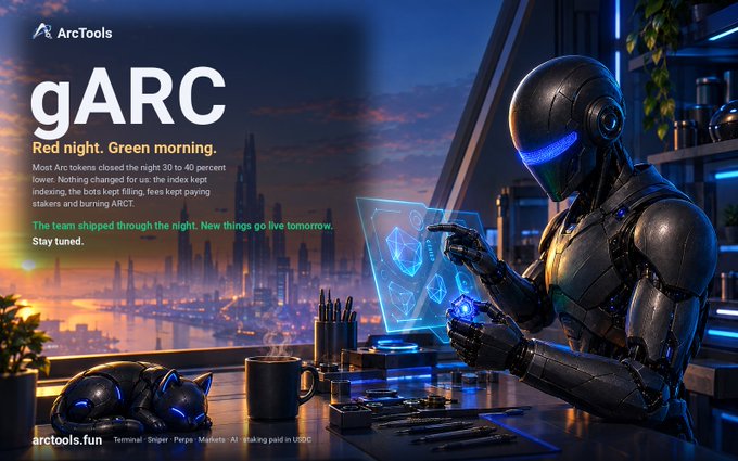 An ArcTools advertisement titled "gARC - Red night. Green morning" showing a futuristic figure analyzing a holographic chart at a desk overlooking a city skyline.