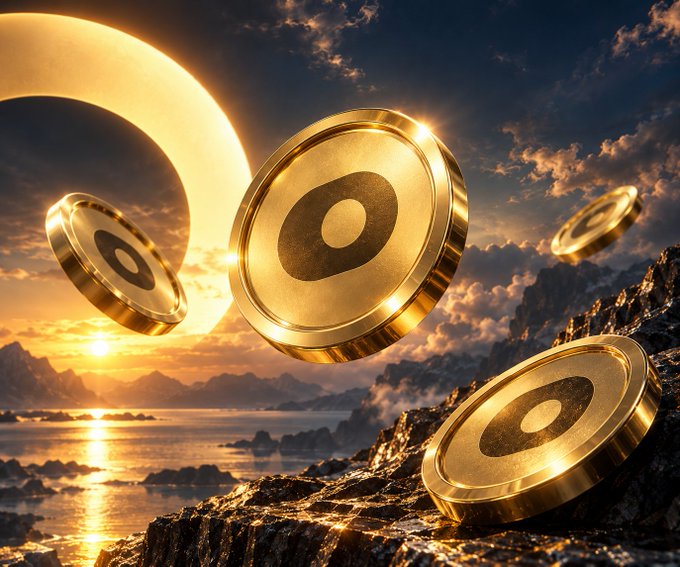 Glowing gold ONyc tokens float against a dramatic sunset seascape, visually echoing OnRe's promise of bringing real-world reinsurance yield onchain. The metallic coins embody the "composable within DeFi" concept highlighted in the post.