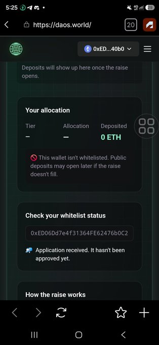 A mobile screenshot of the daos.world website showing an allocation page with '0 ETH' deposited and a message 'This wallet isn't whitelisted' for address 0xED06Dd7e4f31364FE62476b0C2.