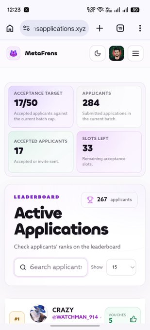 A screenshot of the MetaFrens website on a mobile browser showing application statistics including an acceptance target of 17/50, 284 applicants, and an Active Applications leaderboard with 267 applicants.