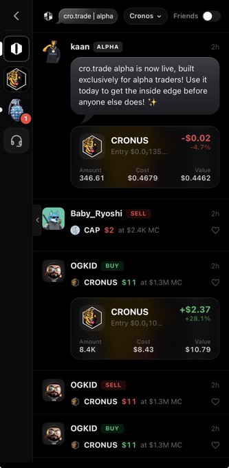 A mobile trading app interface called 'cro.trade | alpha' shows messages from 'kaan' about Cronus trades, with buy/sell listings at $2 and $11 by users Baby_Ryoshi and OGKID, showing amounts of 346.61, 8.4K, and profit/loss percentages.