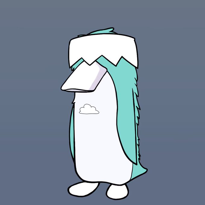 A cartoon illustration of a cute penguin-like mascot character in white and teal coloring with a small cloud on its chest, standing against a solid gray-blue background.