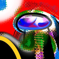 A vibrant, surreal digital artwork featuring a metallic structure with a curved spring element, rendered in bright reds, yellows, greens, and blues.